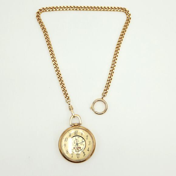 Vintage Medana Gold Tone Skeleton Pocket Watch 41mm 12" Chain with New Battery - Picture 1 of 8